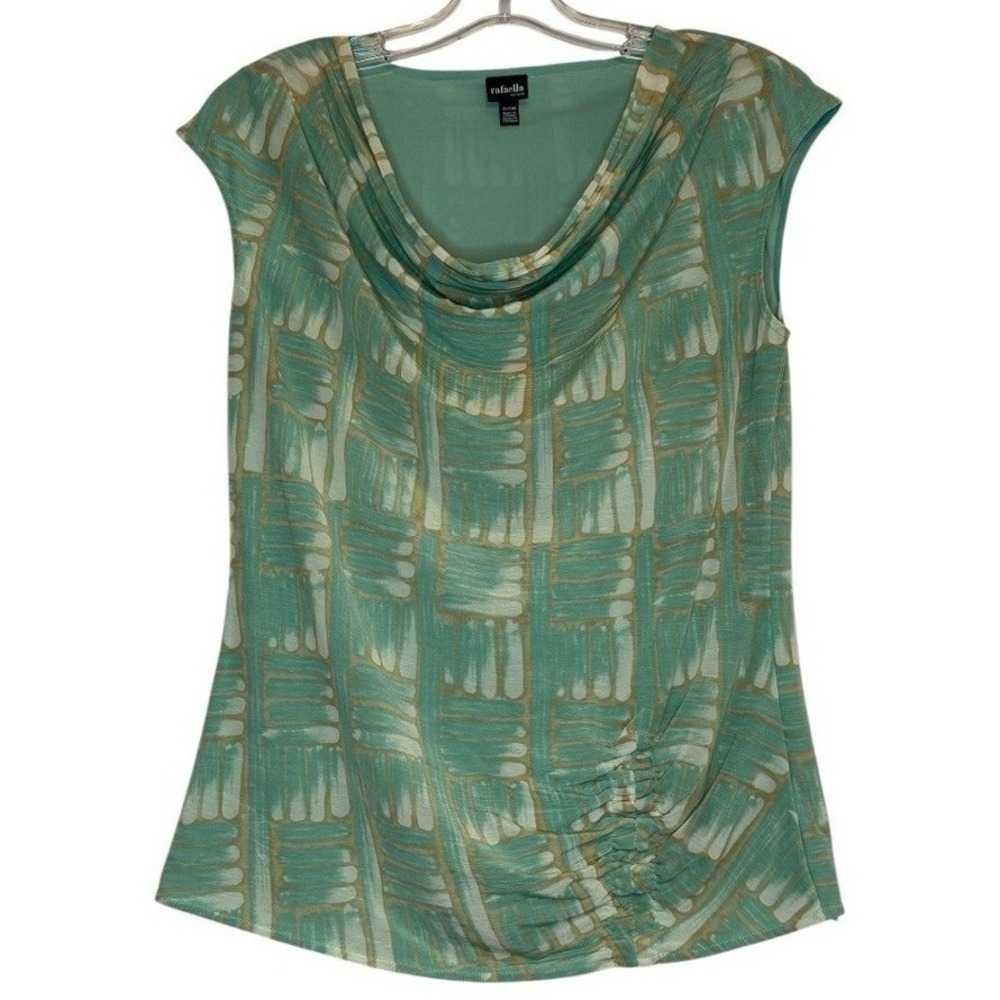 Rafaella Petite Blouse Teal Abstract Print Cowl Neck Ruched‎ Artistic Mod  S/P